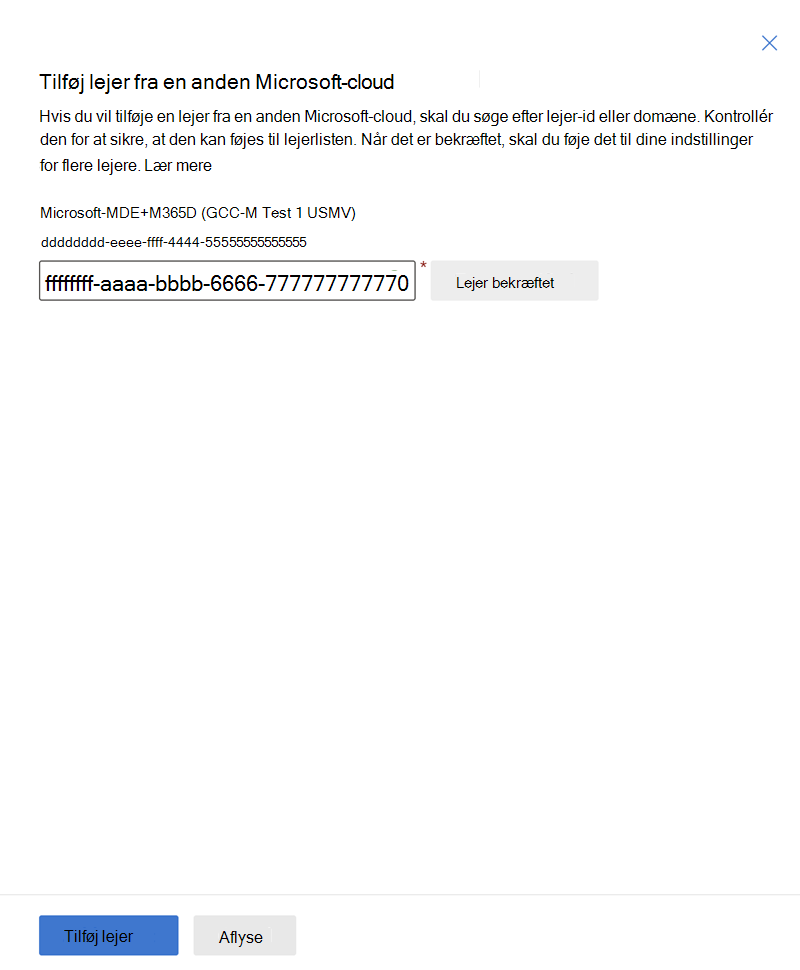 Skærmbillede af ruden Tilføj lejere med bekræftelsen fremhævet.