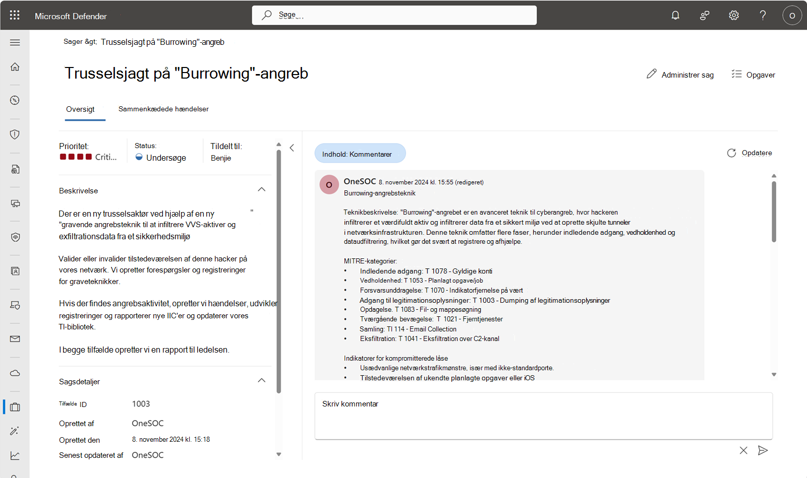 Skærmbillede af siden med sagsdetaljer på Defender-portalen.