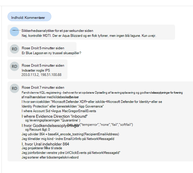Skærmbillede, der viser uformelle kommentarer mellem analytikere.