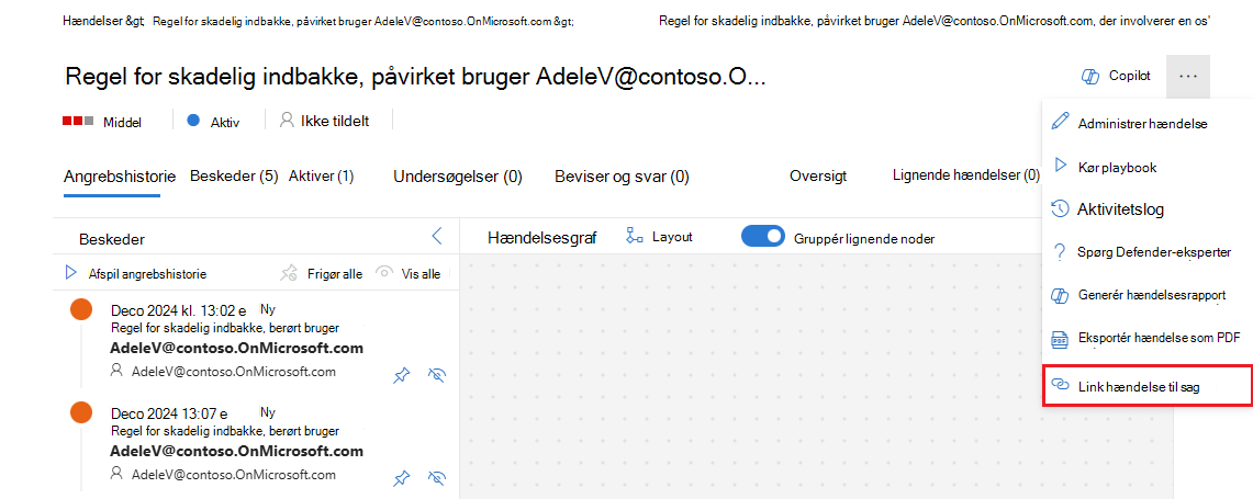 Skærmbillede, der viser indstillingen for linkhændelse fra menuen med de tre prikker i hændelsesvisningen.
