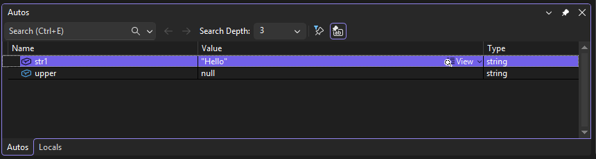 Screenshot that shows the Autos window.