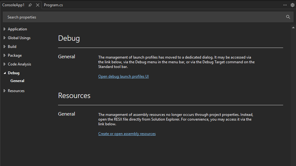 Screenshot that shows the project properties.