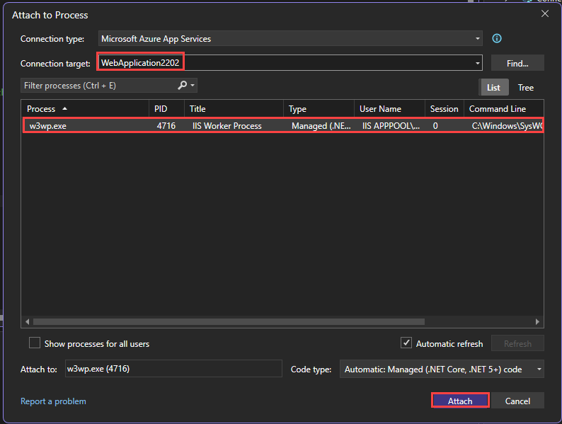 A screenshot of the attach to process features.