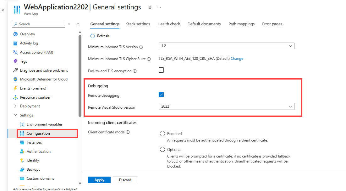 Screenshot of the Azure remote debugging settings.