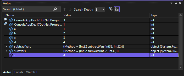 Screenshot of Autos return value C#.