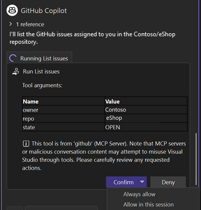 Screenshot that shows the confirmation options for agent tools.