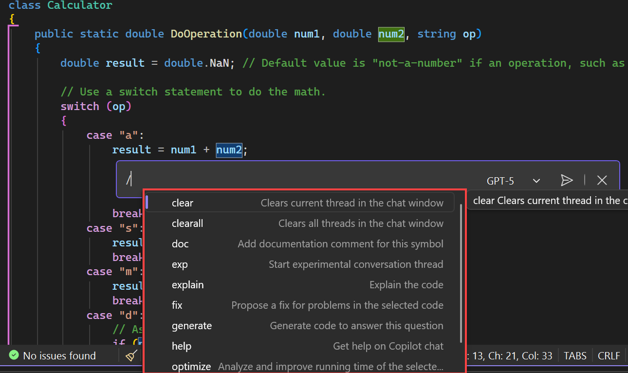 Screenshot of slash commands in inline chat view and chat windows.
