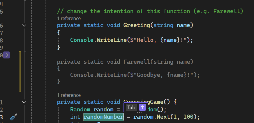 Screenshot that shows an arrow pointing upward to indicate the location of the next edit suggestion in a file.