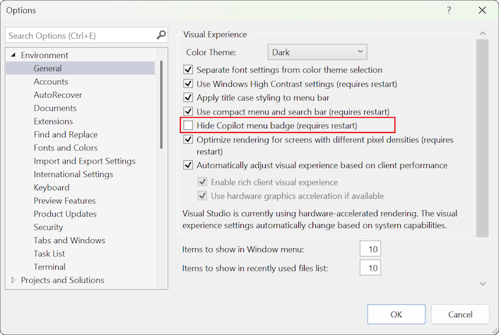 Screenshot that shows how to clear the Hide Copilot menu badge option in Visual Studio.