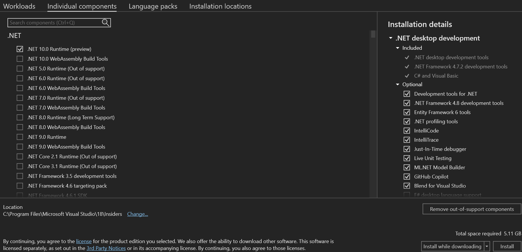 Screenshot showing the Individual components tab of the Visual Studio Installer.