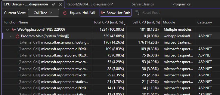 Screenshot that shows the hot path in the call tree.