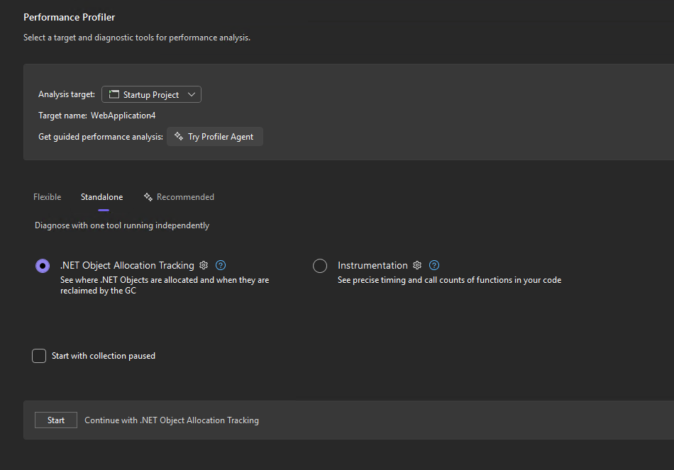 Screenshot that shows the .NET Object Allocation Tracking checkbox selected.