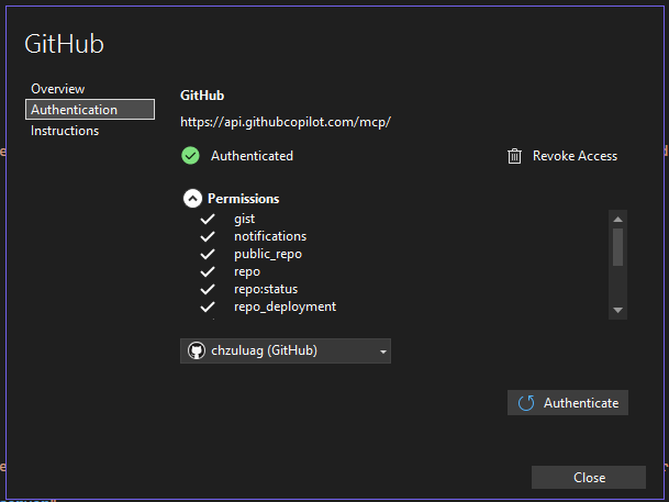 MCP server management window showing authentication options
