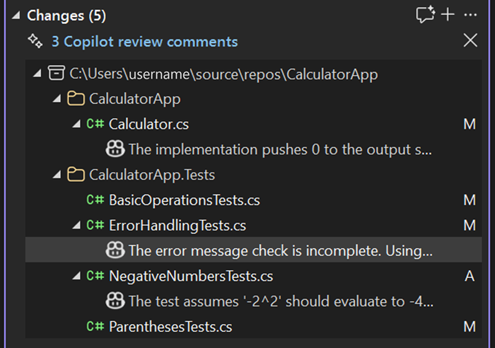 Code review comments for each file in Git Changes window