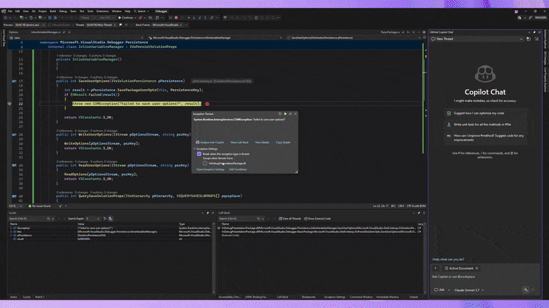 Video showing Exception Helper analyzing an exception using context from GitHub issues, pull requests, and commit history to provide relevant debugging suggestions