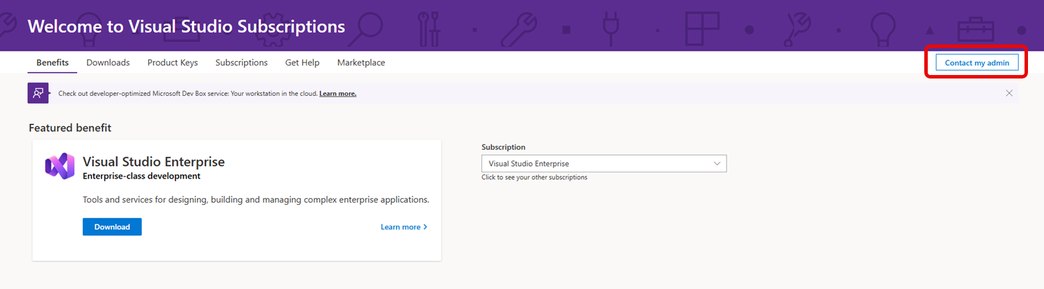 The Contact My Admin button allows you to contact your company's subscription admins. Screenshot of the benefits page in the subscription portal. The Contact my admin button is highlighted.
