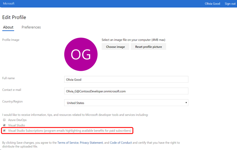 Screenshot of the Edit Profile page in the subscription portal.