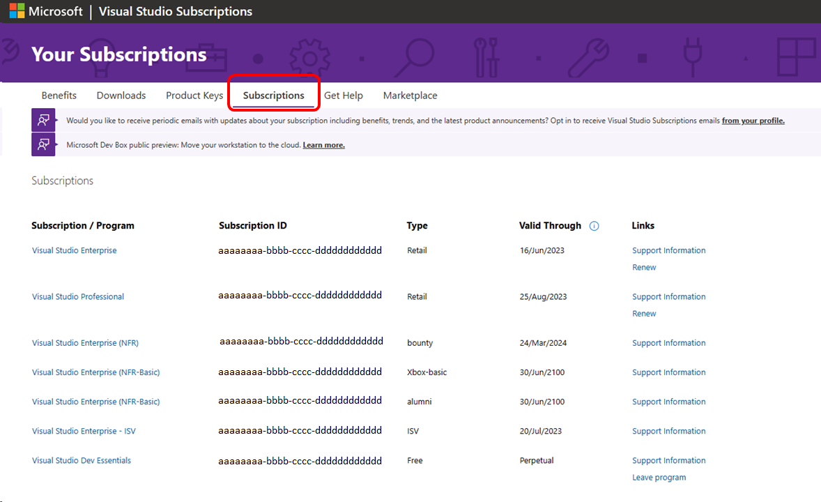 Screenshot of the Subscriptions tab in the subscription portal.