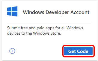 Screenshot of the Windows Developer Account tile. Get Code is highlighted. Windows Developer Benefit Tile
