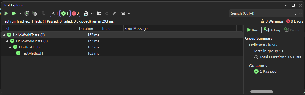 Screenshot that shows unit test results in Test Explorer.