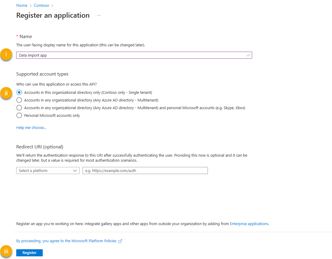 Screenshot that shows how to register the application.