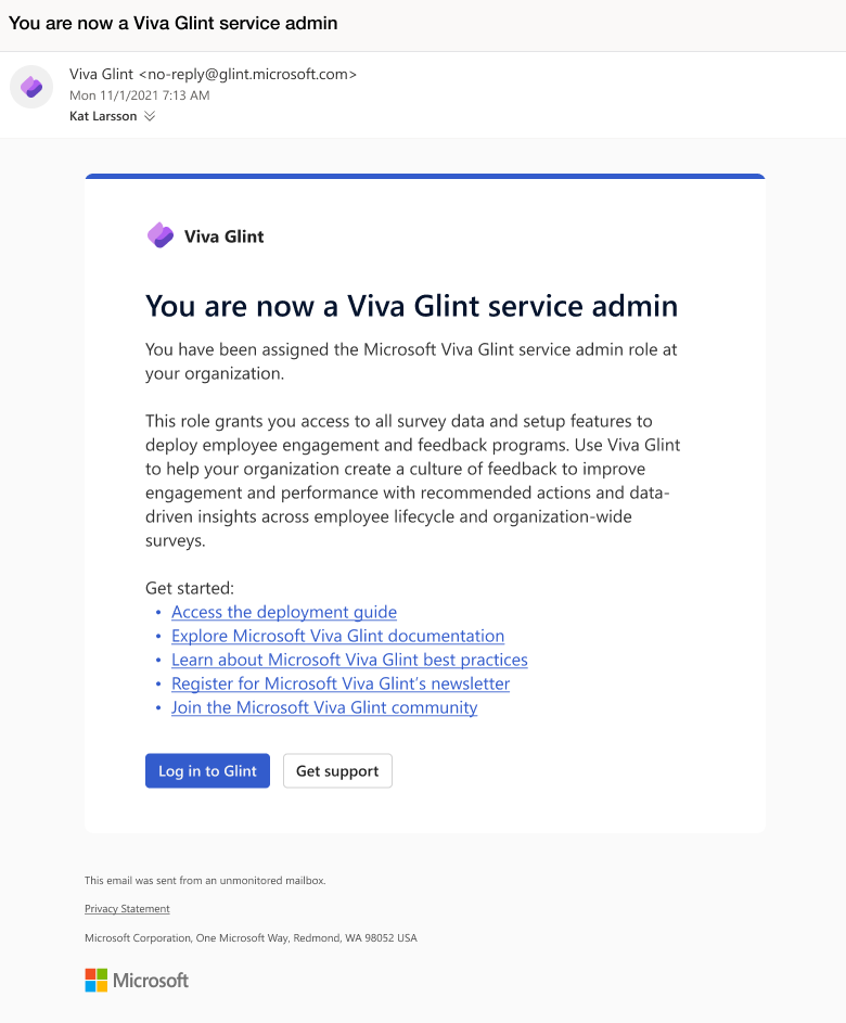 Screenshot of the email notification that Viva Glint service admins receive when they're added to the admin role.