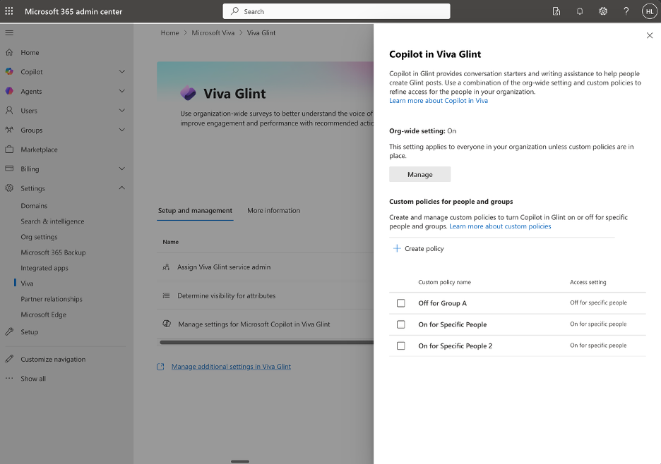 Manage Microsoft Copilot in Viva Glint pane in the Microsoft 365 admin center.