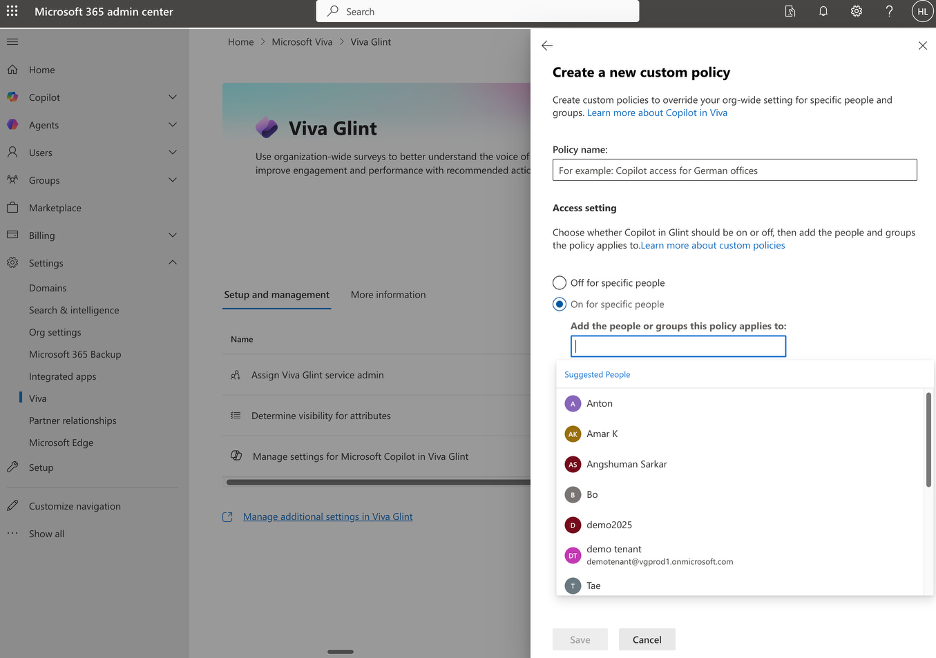 Create a new custom VFAM policy to enable Copilot for specific people or groups.
