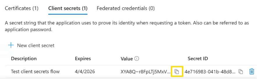 Screenshot that shows how to copy the client secret.