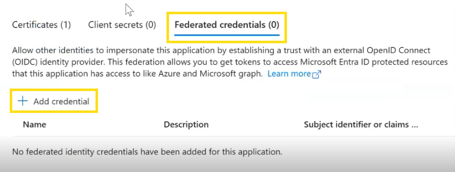 Screenshot that shows how to add a federated credential.
