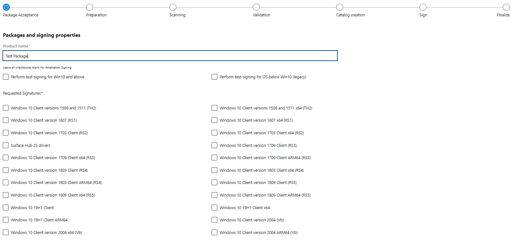 Screenshot that shows the options for submitting the Echo driver for signing.