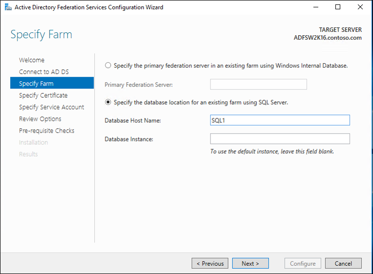 Screenshot that shows the Specify Farm screen in the AD FS Configuration wizard.