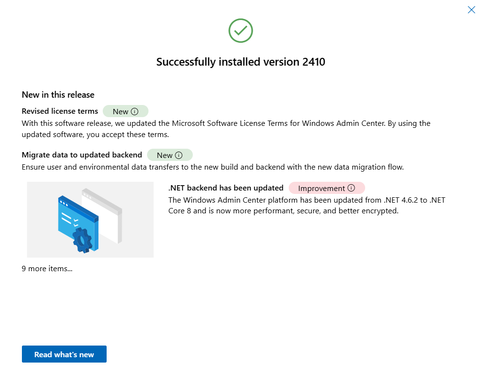 Screenshot of the message that shows successful installation of Windows Admin Center.