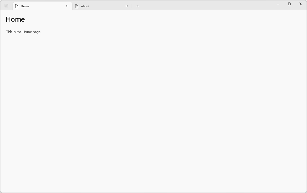 An app created from the WinUI TabView App template, showing Home and About tabs in the title bar.