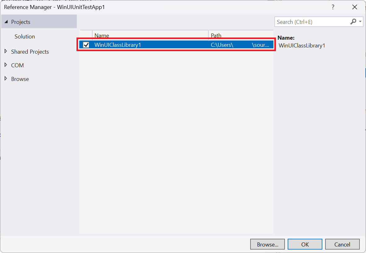 Screenshot of the Reference Manager dialog with the 'WinUIClassLibrary1' project selected.