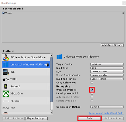 Screenshot that shows how to build the app from Unity.