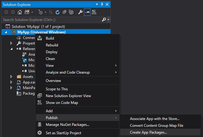 UWP context menu.