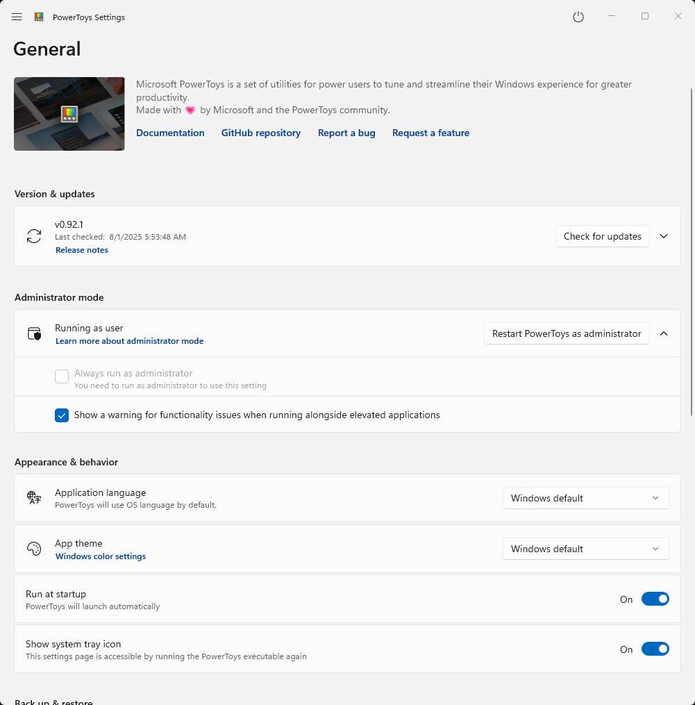 Screenshot of PowerToys general settings interface showing version updates, administrator mode, and appearance options.