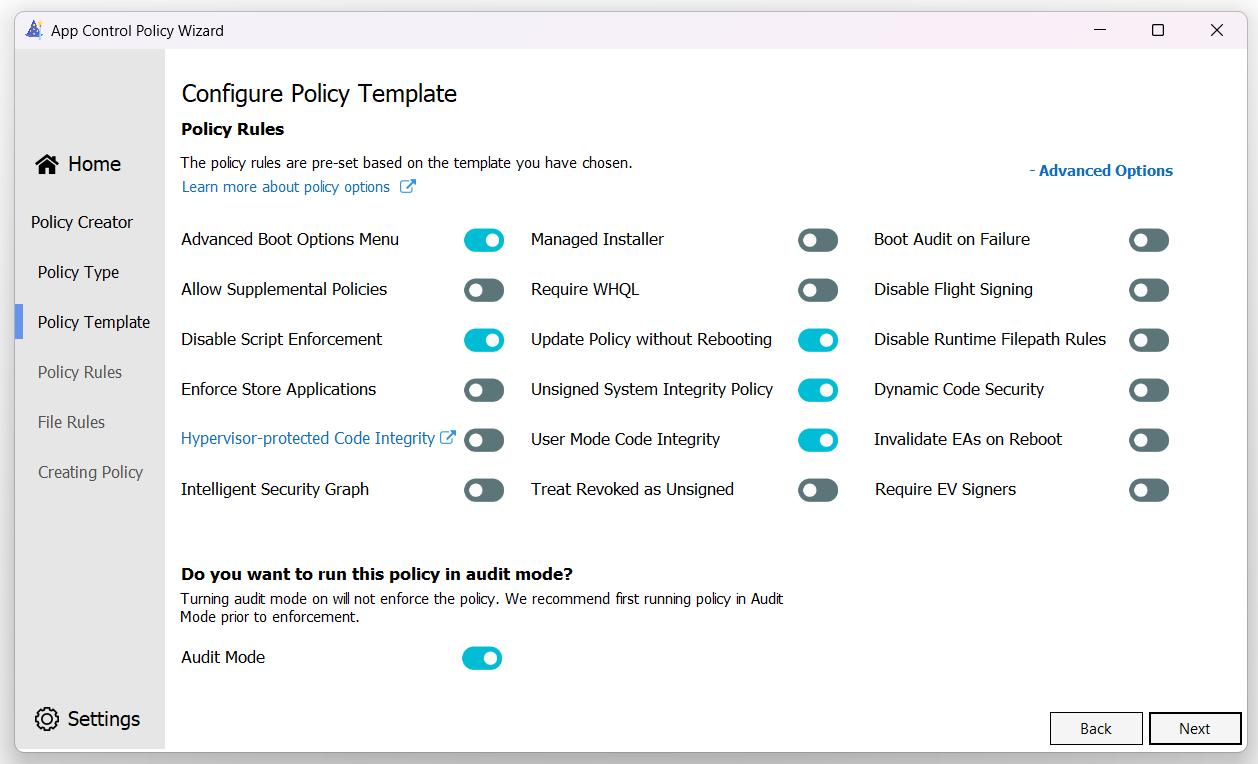 Screenshot of configuring the policy rule options.