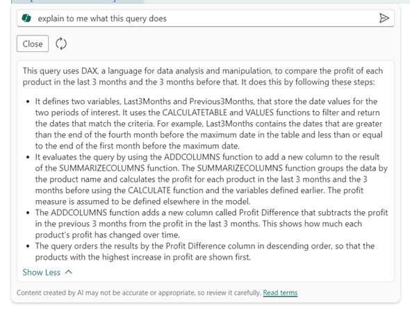 Screenshot showing a long explanation of what the query does.