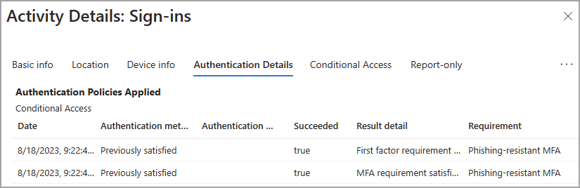 Screenshot: Registerkarte „Details zur Authentifizierung“.