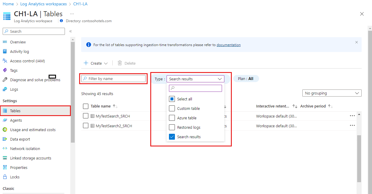 Screenshot, der den Bildschirm „Tabellen“ für einen Log Analytics-Arbeitsbereich mit hervorgehobenen Namen- und Typfeldern anzeigt