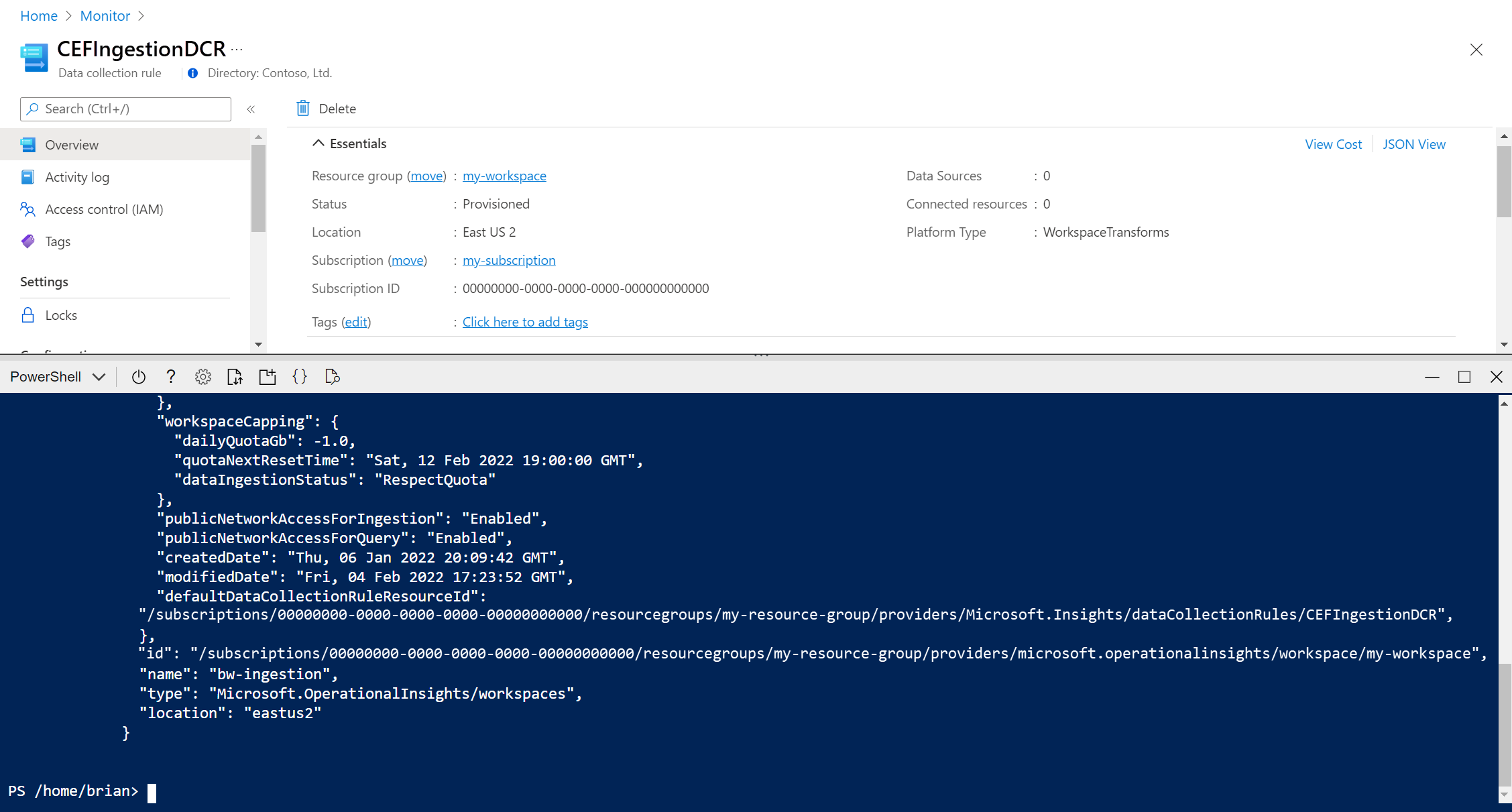 Der Screenshot des Skripts zum Verknüpfen des Workspaces mit DCR.