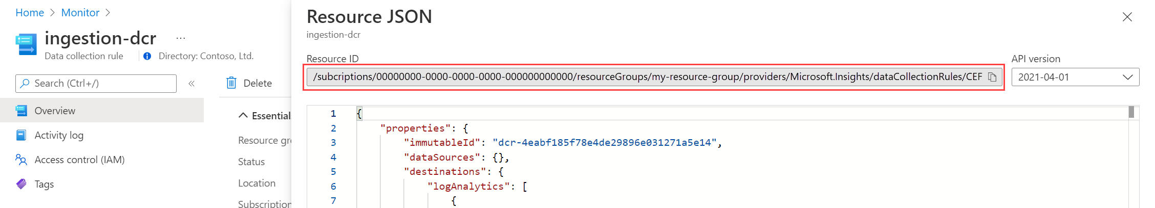 Der Screenshot für die JSON-Ansicht der Datenerfassungsregel.