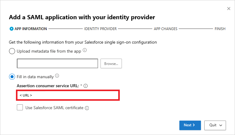 Geben Sie die Salesforce-SAML-Informationen manuell ein.