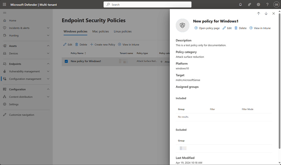 Screenshot des Bearbeitungsbereichs für Endpunktsicherheitsrichtlinien in der mehrinstanzenfähigen Verwaltung in Microsoft Defender XDR.