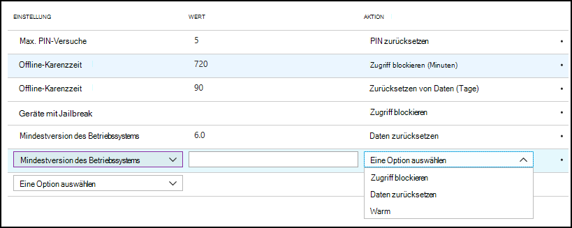 Screenshot: Zugriffsaktionen für den App-Schutz – Mindestversion des Betriebssystems