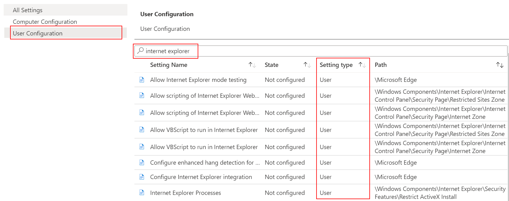 Wählen Sie in der ADMX-Vorlage die Benutzerkonfiguration aus, und suchen bzw. filtern Sie nach Internet Explorer und Microsoft Intune.