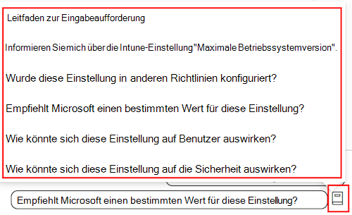 Screenshot: Copilot-Eingabeaufforderungsleitfaden beim Hinzufügen einer Einstellung in einer Konformitätsrichtlinie in Microsoft Intune und Intune Admin Center