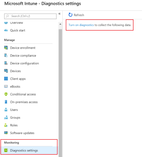 Screenshot: Aktivieren der Diagnoseeinstellungen in Microsoft Intune zum Senden von Protokollen an Azure Monitor